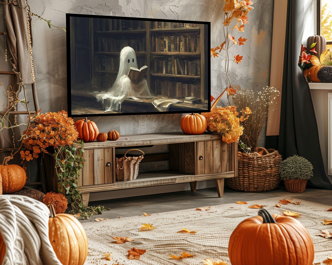 Cute Ghost Reading In Dark Library Whimsical Halloween Bookish Art Poster - Image 4