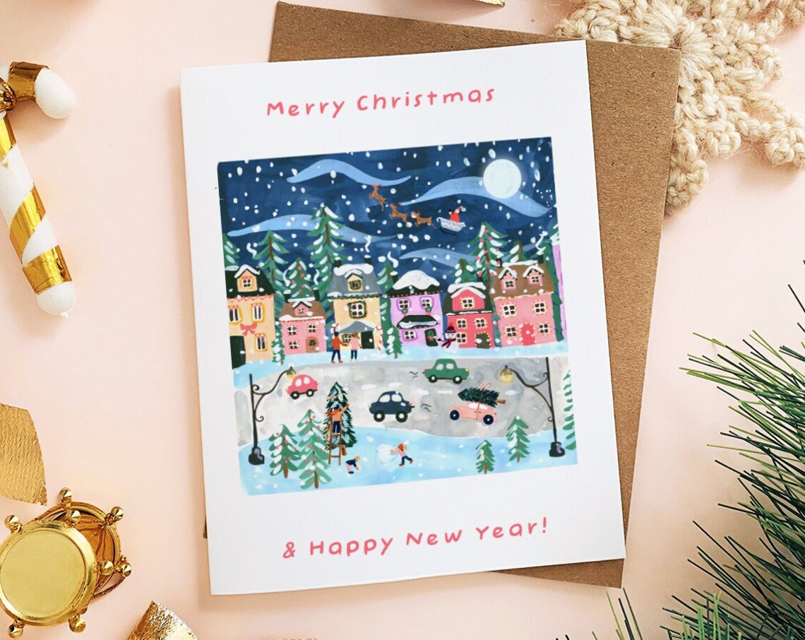 Snowy Christmas Village Night Santa Sleigh Holiday Card Art Print