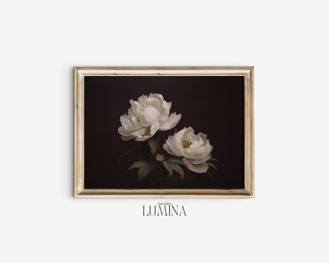 White Peonies Dark Brown Botanical Painting Antique Style Poster - Image 2