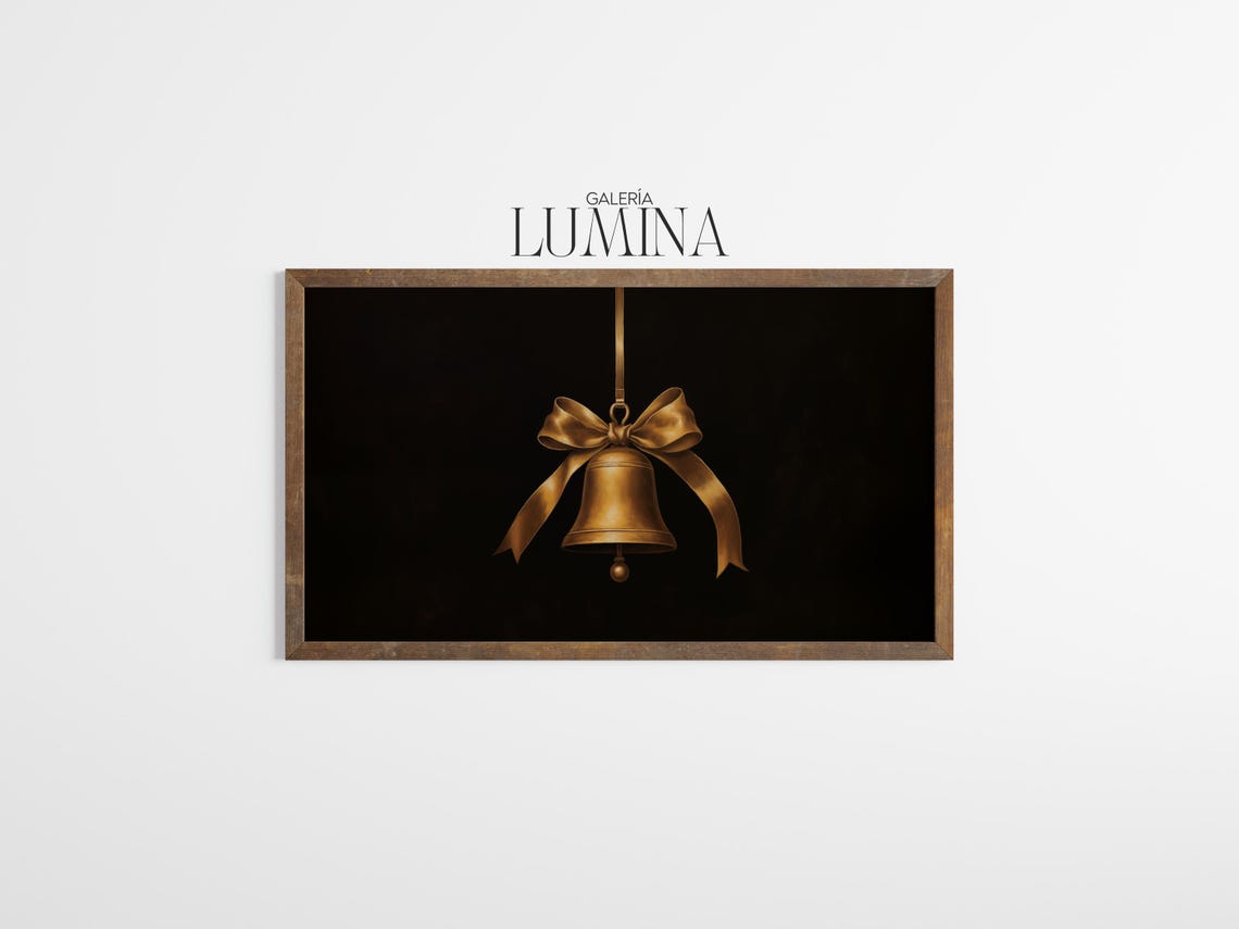 Vintage Gold Christmas Bell Painting Minimalist Golden Jingle Bell Art Print Moody Seasonal Painting Art Frame Tv Art 727 - Image 3