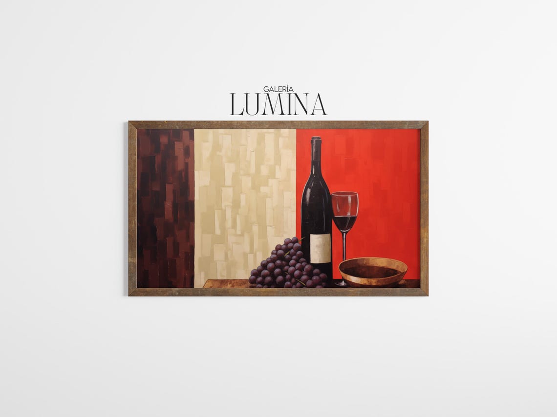 Red Wine Bottle Grapes and Glass Tricolor Background Still Life Poster - Image 3