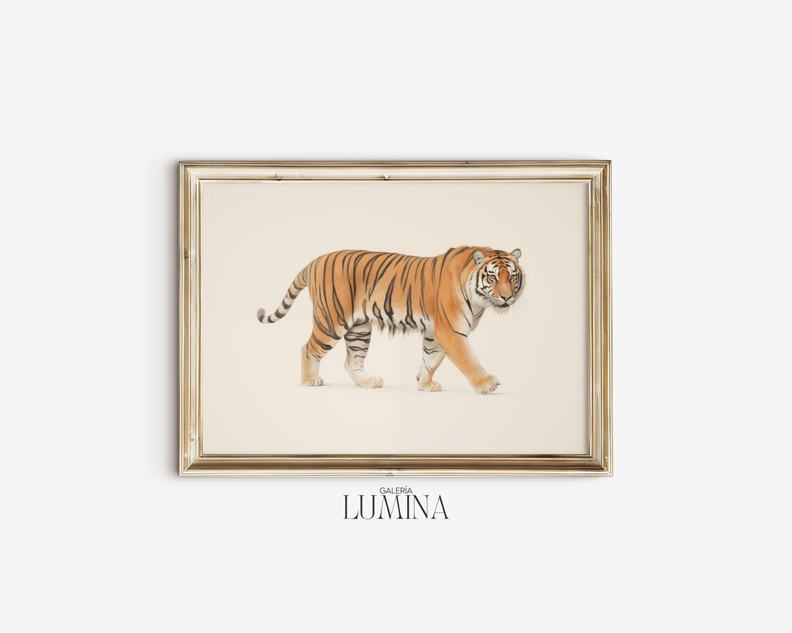 Walking Tiger Colored Pencil Drawing Neutral Cream Tiger Poster - Image 2
