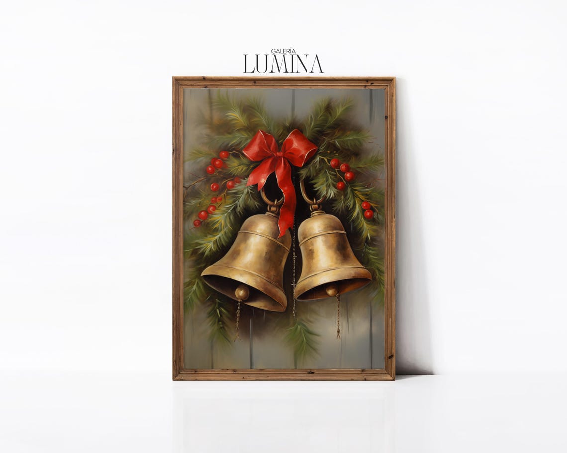 Brass Jingle Bells With Red Bow on Weathered Grey Wood Vintage Poster - Image 2