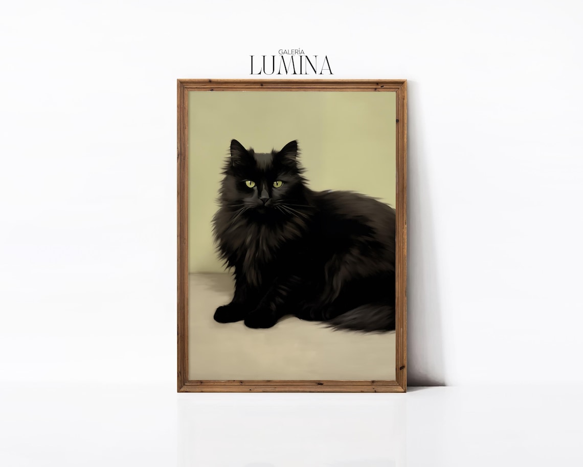 Fluffy Black Cat with Green Eyes Original Painting Portrait Poster - Image 3