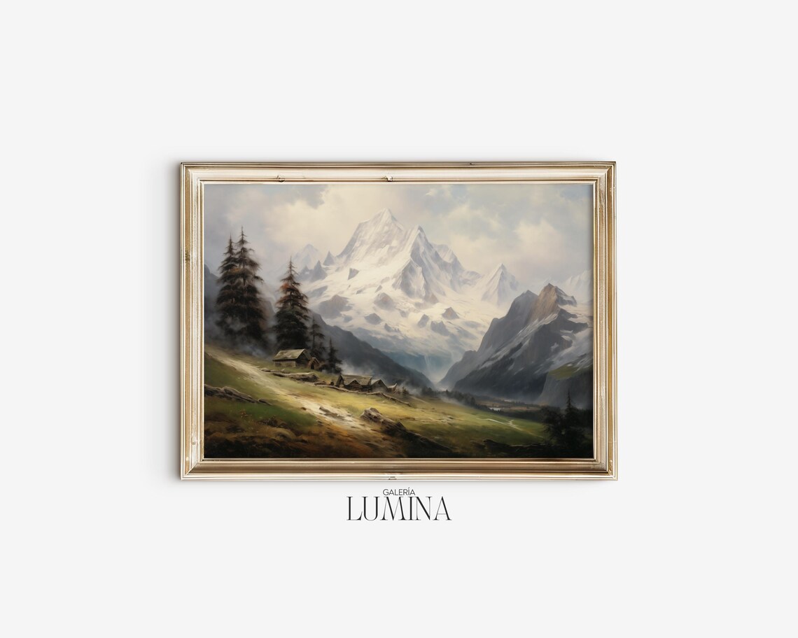 Swiss Alps Vintage Oil Painting, Spring Mountain Art Print - Image 2