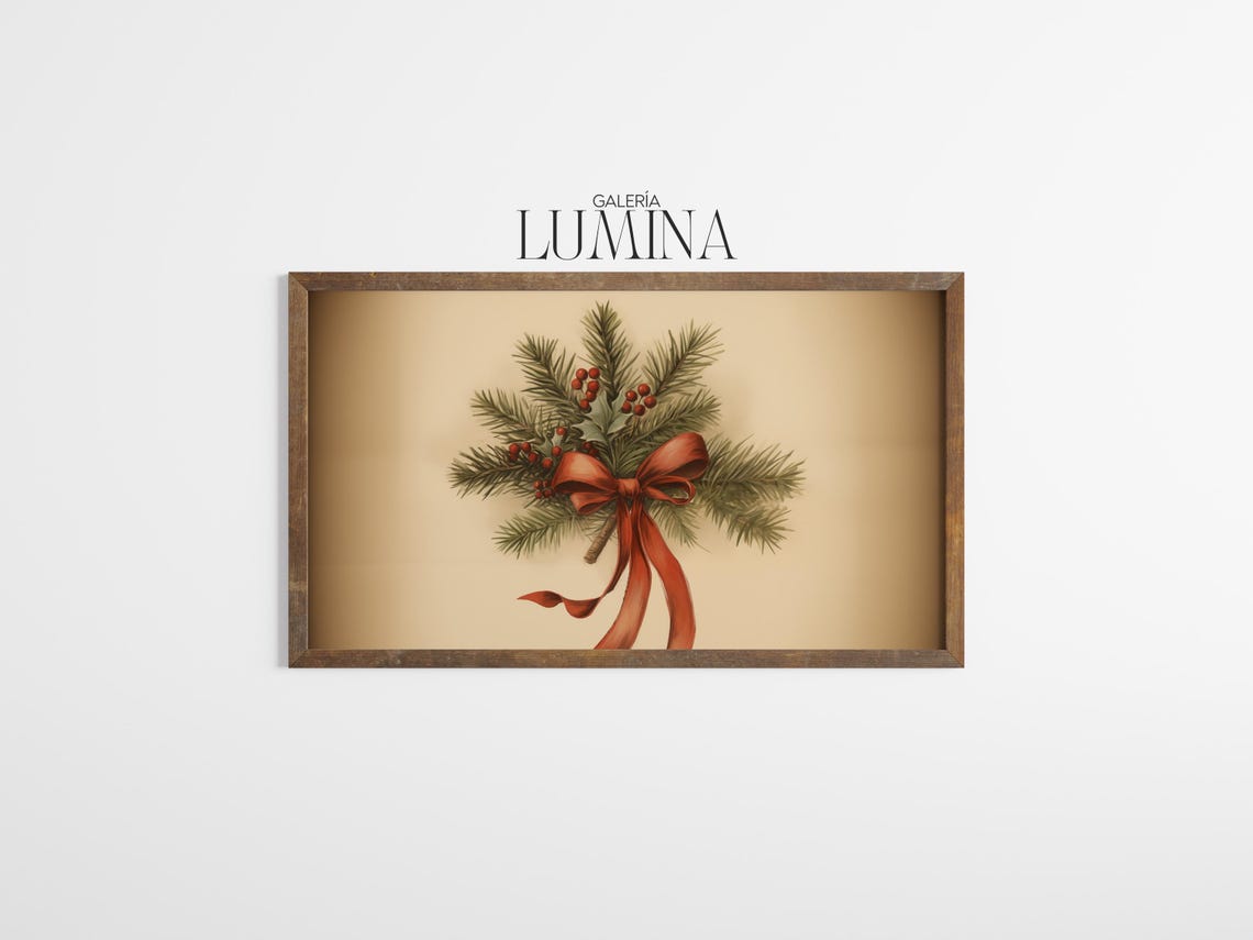 Pine Bough Bouquet With Red Ribbon Vintage Christmas Botanical Poster - Image 3