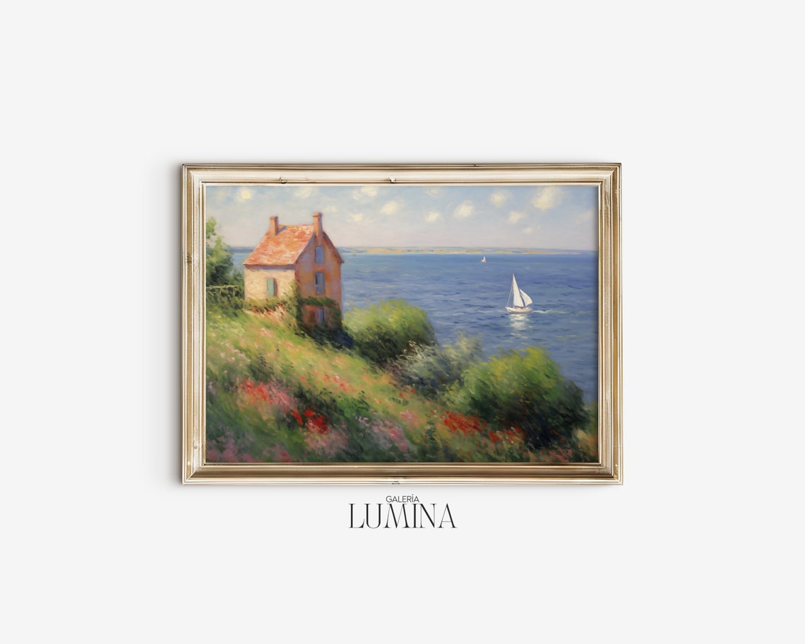 Impressionist Coastal Cliff Cottage Blue Sea Wildflowers Poster - Image 2