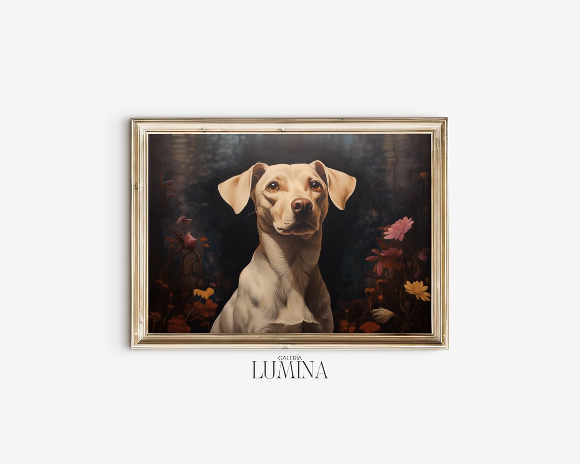 Cream White Dog Portrait With Dark Moody Floral Background Poster - Image 2