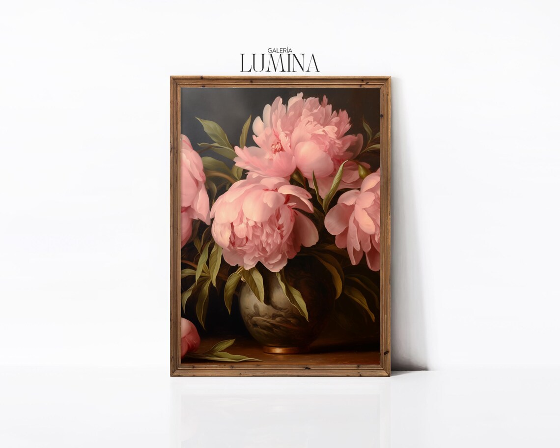 Pink Peonies in Vase, Antique Oil Painting Art Print - Image 2