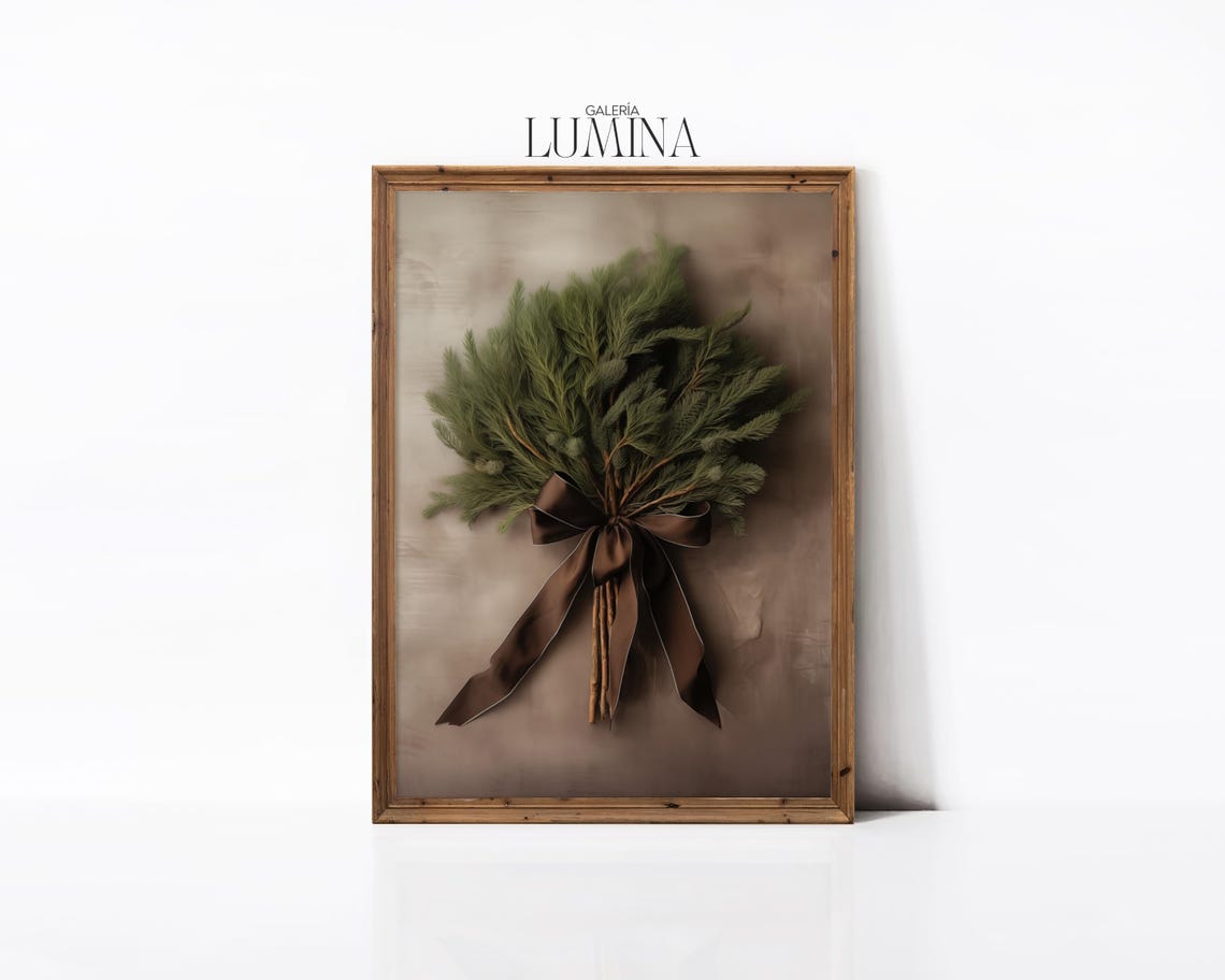 Vintage Green Pine Tree Branches Painting Rustic Brown Velvet Ribbon Print Muted Tones Holiday Decor Art Frame Tv Art 743 - Image 2