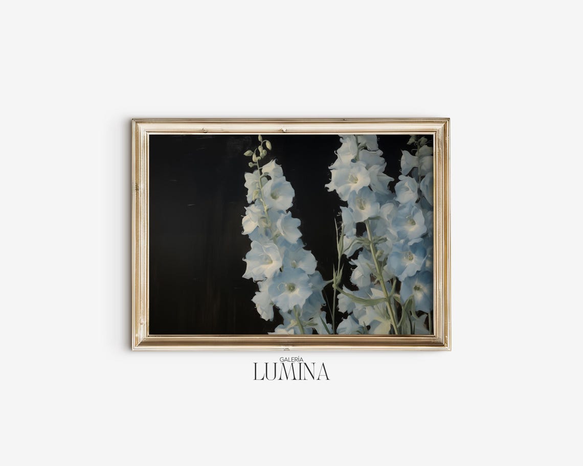 Pale Blue Delphinium Flowers on Black Moody Botanical Art Poster - Image 2