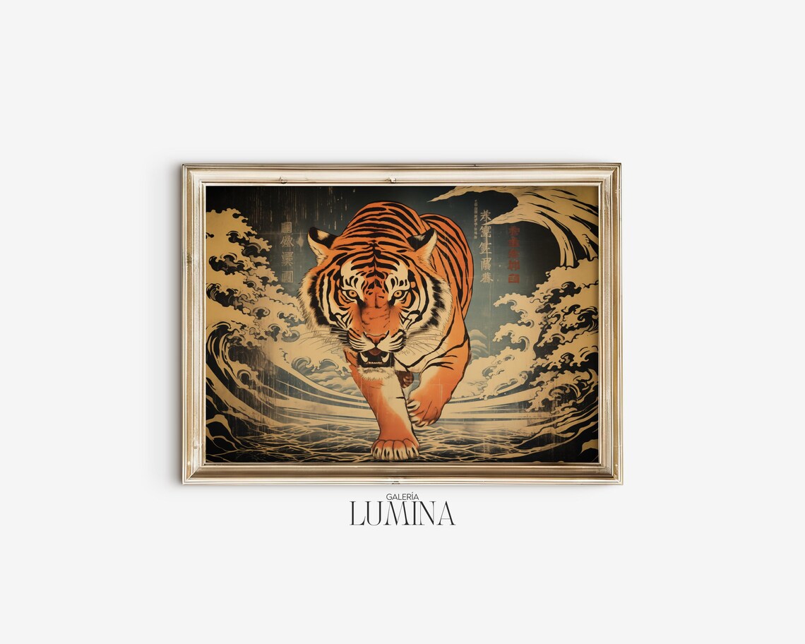 Japanese Tiger In Waves Ukiyo E Inspired Retro Vintage Woodblock Poster - Image 2