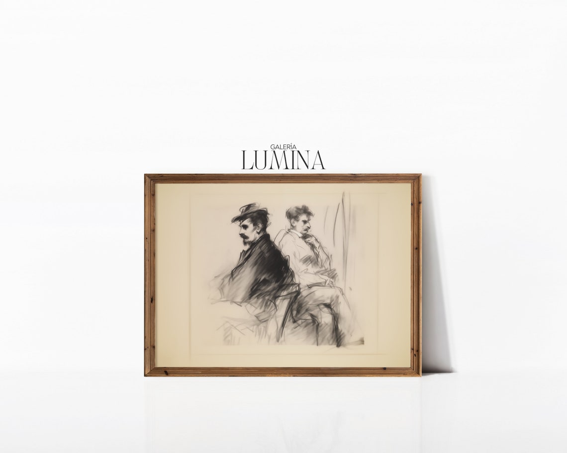 Two Gentlemen Sitting Sketch Artwork Figure Drawing Minimalist And Modern Wall Art Neutral Etching Art Frame Tv Art 013 - Image 3