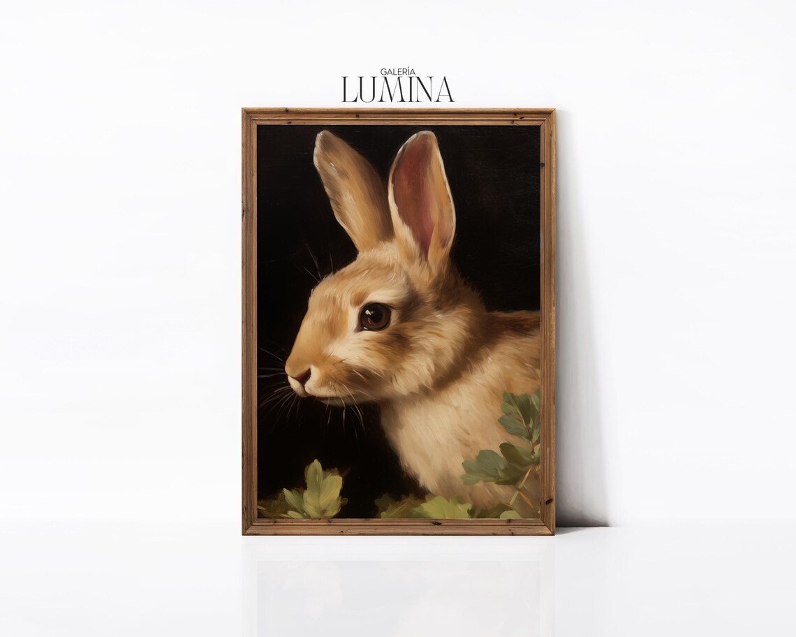 Brown Bunny Rabbit with Berries Dark Vintage Oil Painting Poster - Image 3