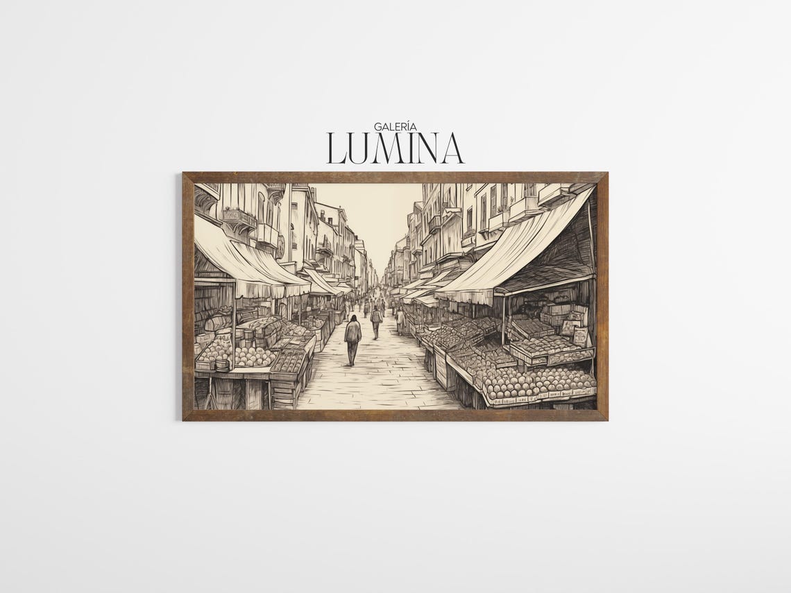 Vintage European Street Market Sketch Fruit Stalls Sepia Poster - Image 3