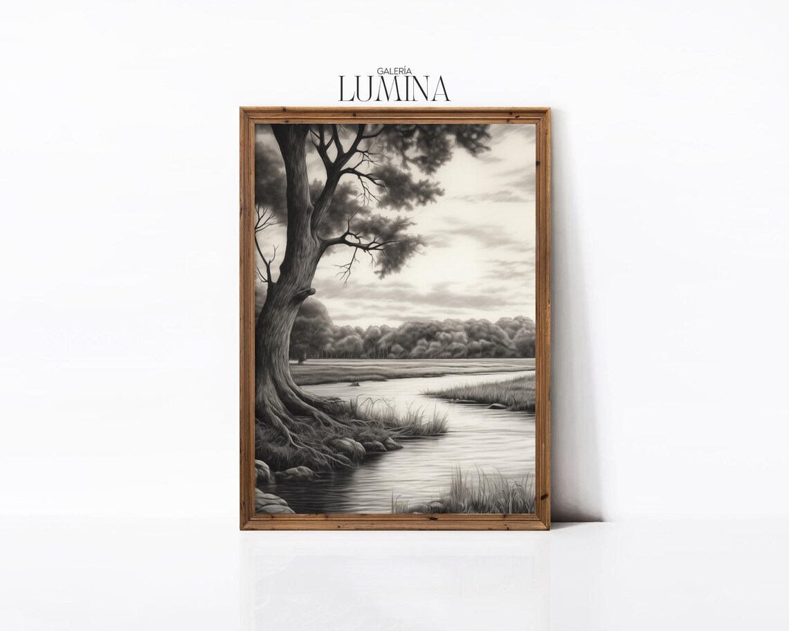 Monochrome Forest Landscape Pencil Drawing Art Print - Image 3