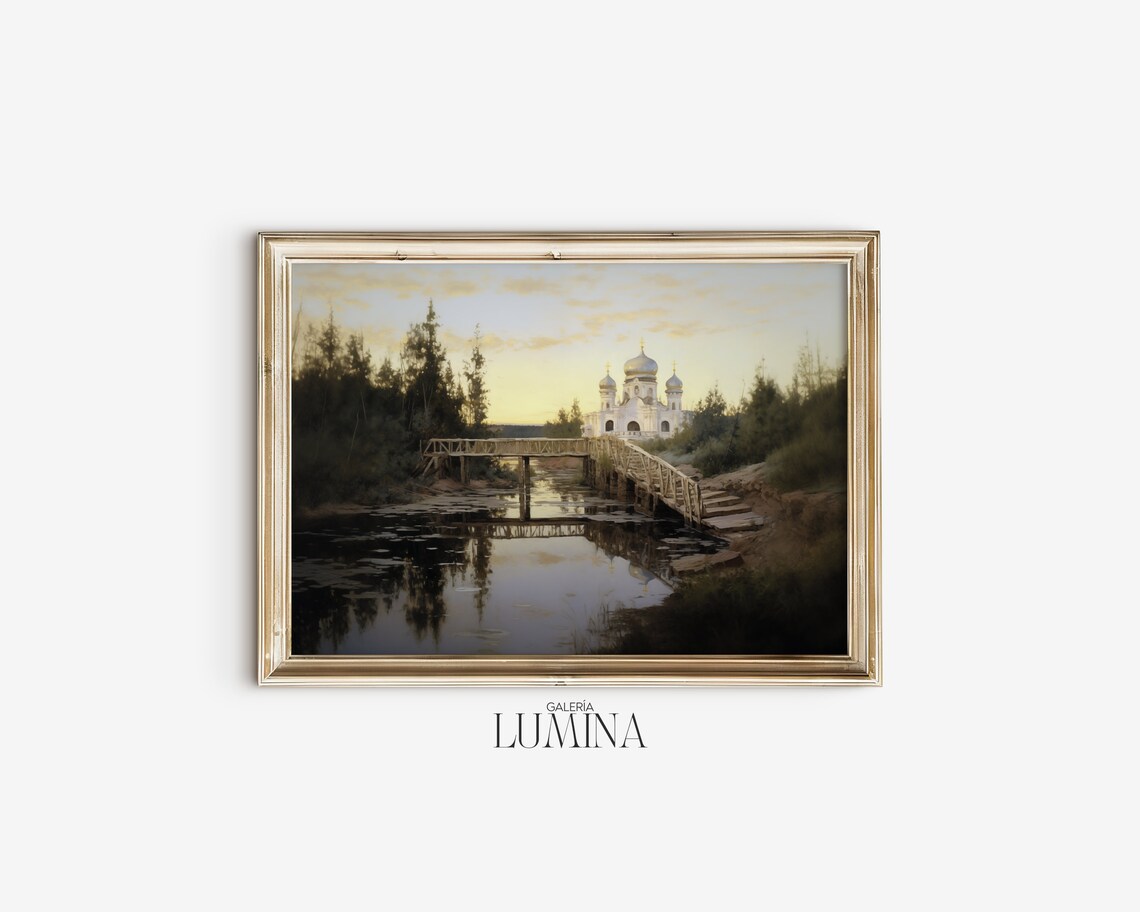 Wooden Bridge to Domed Church Still River Religious Painting Poster - Image 2
