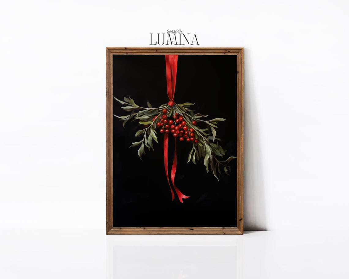 Hanging Christmas Mistletoe Bouquet with Red Ribbon on Black Poster - Image 2