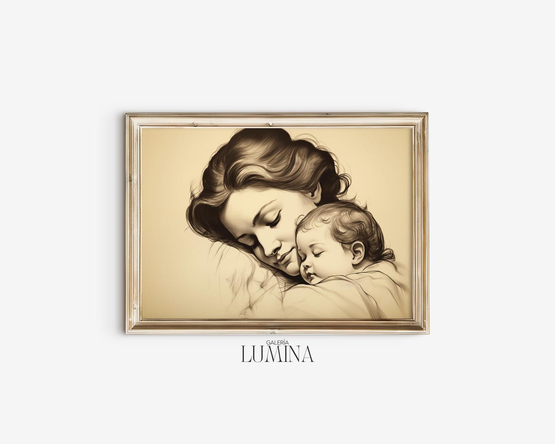 Antique Mother And Child Drawing Vintage Mom And Baby Sketch Neutral Line Drawing Mother Days Gifts Art Frame Tv Art 494 - Image 2
