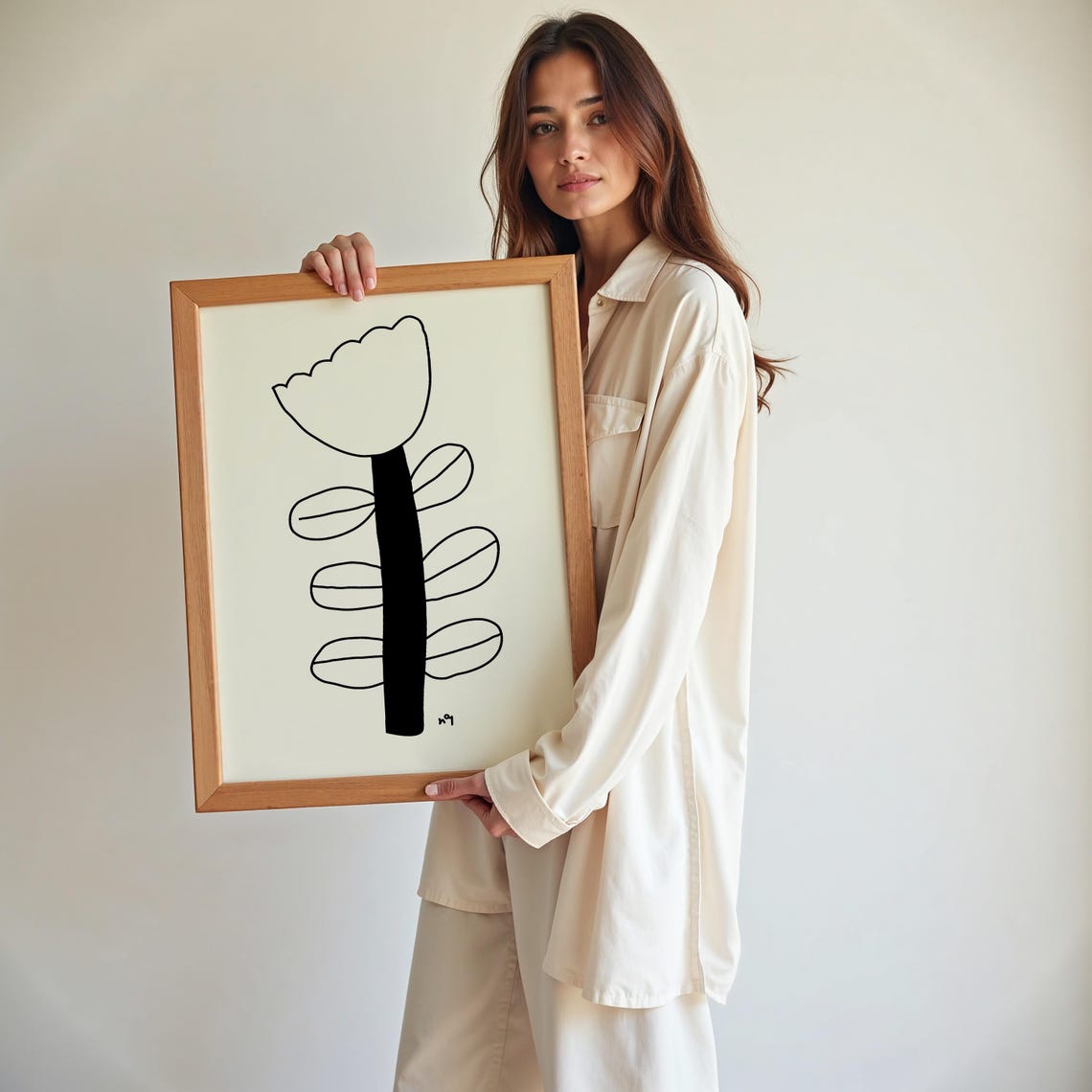 Black White Tulip Line Drawing Minimalist Botanical Design Art Poster