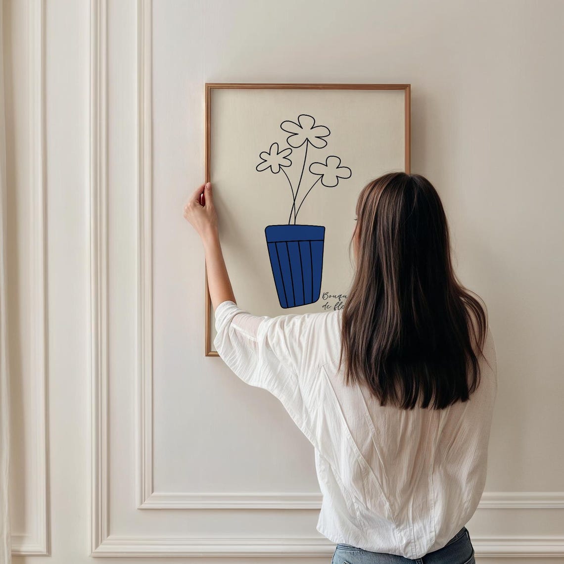 Simple Line Drawing Flowers in Blue Pot Botanical Illustration Poster