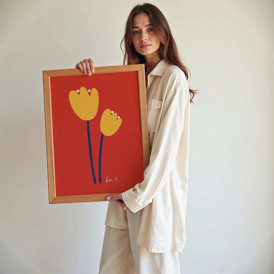 Two Yellow Tulips on Bold Red Minimalist Graphic Floral Art Poster