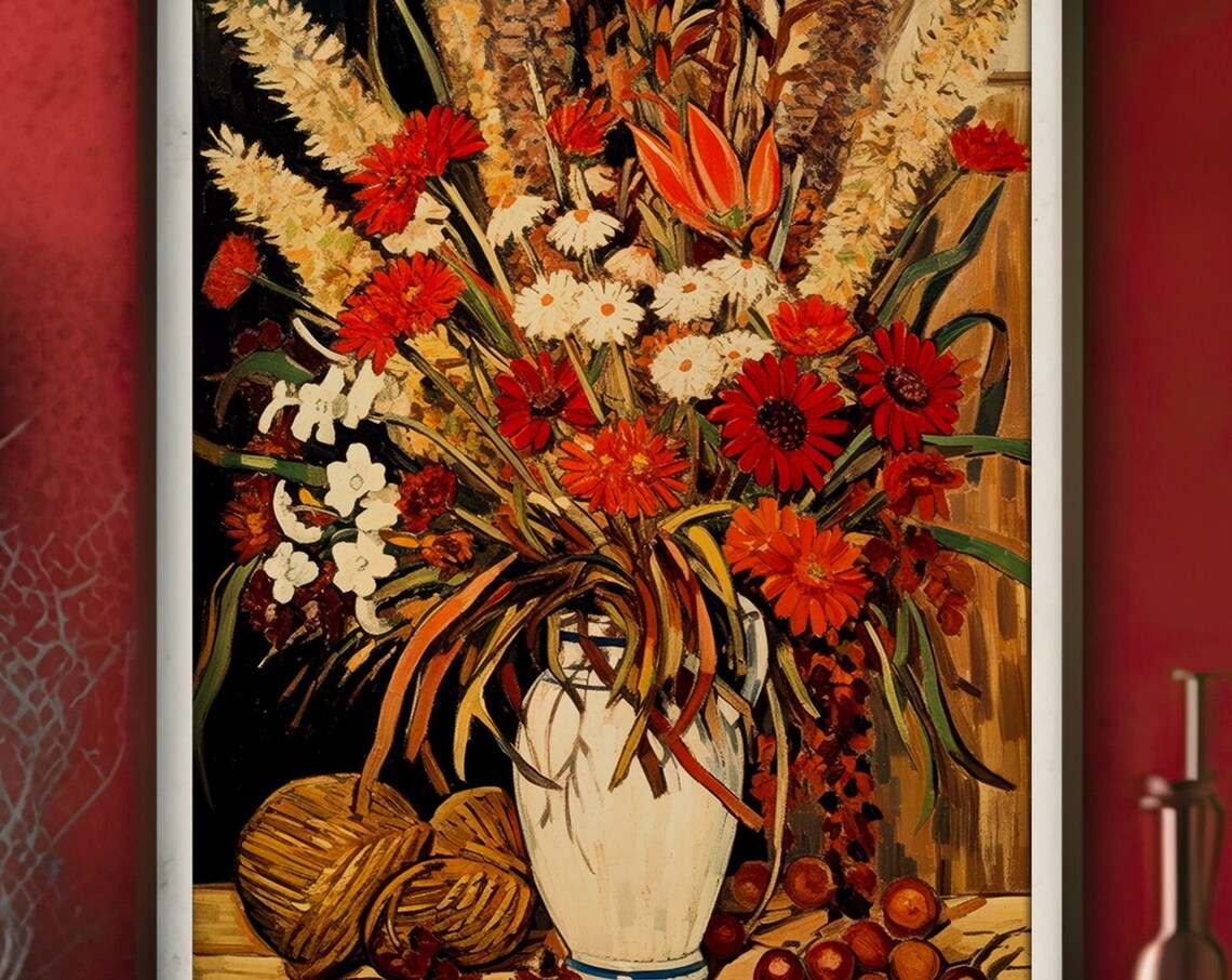 Vintage Red and White Blossoms Bouquet in a White Vase Floral Poster