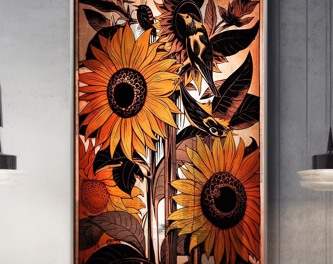 Sunflower Print Sunflower Art Linocut Sunflowers Abstract Yellow Yellow Abstract Sunflowers Poster Linocut Art Linocut Flowers Bohemian Art