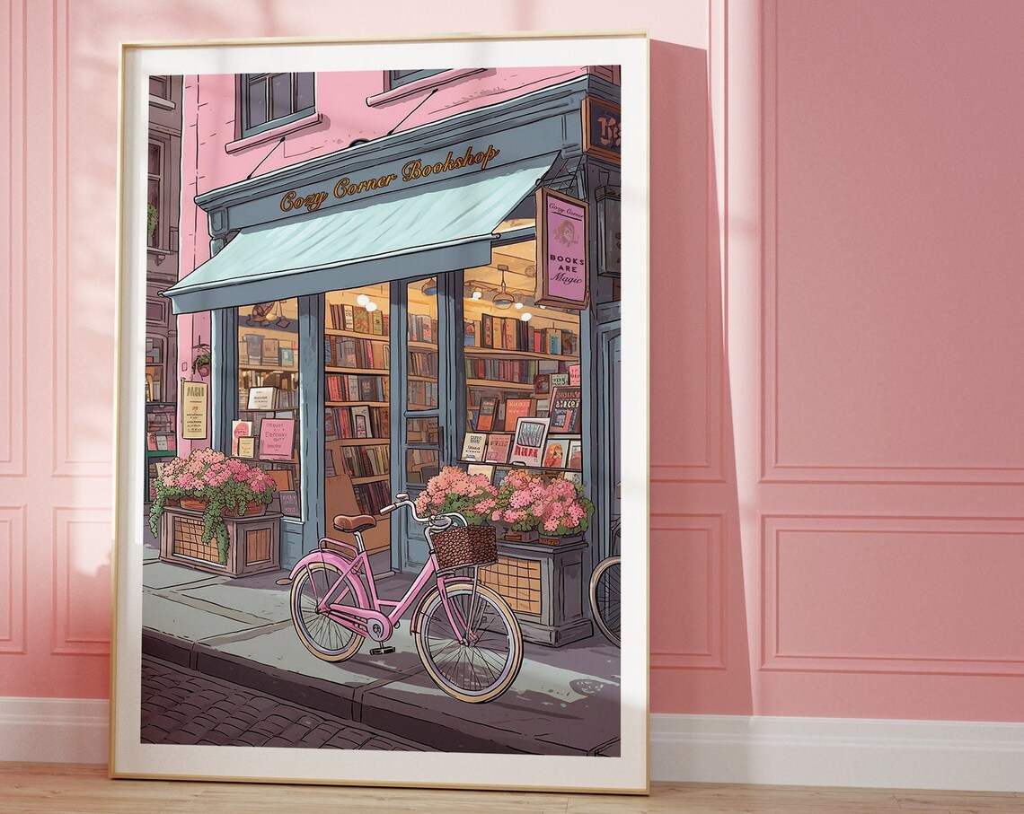 Pink Whimsical Bookshop Illustration, Vintage Poster