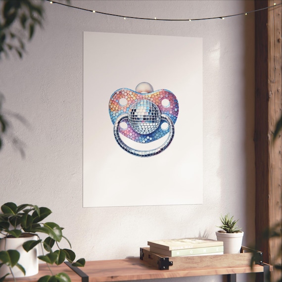 Disco Ball Baby Pacifier Watercolor Glam Nursery Decor Poster