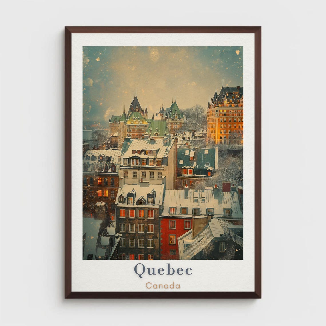 Old Snowy Quebec Canada Winter Rooftops Vintage Travel Poster