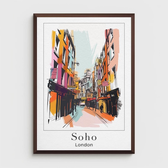 Soho London Travel Poster Vintage Style Colorful Street View