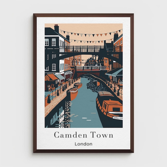Camden Town London Canal with Colorful Narrowboats Retro Travel Poster