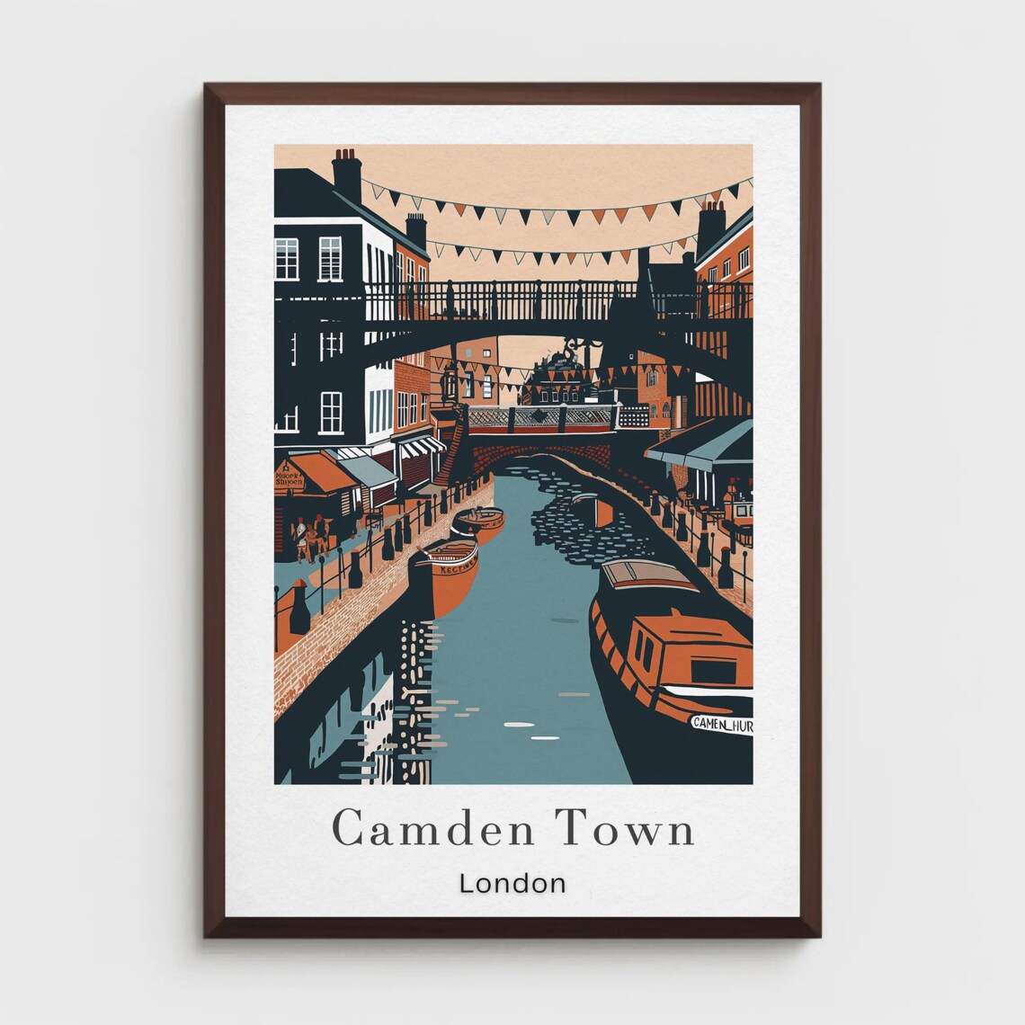 Camden Town London Canal with Colorful Narrowboats Retro Travel Poster