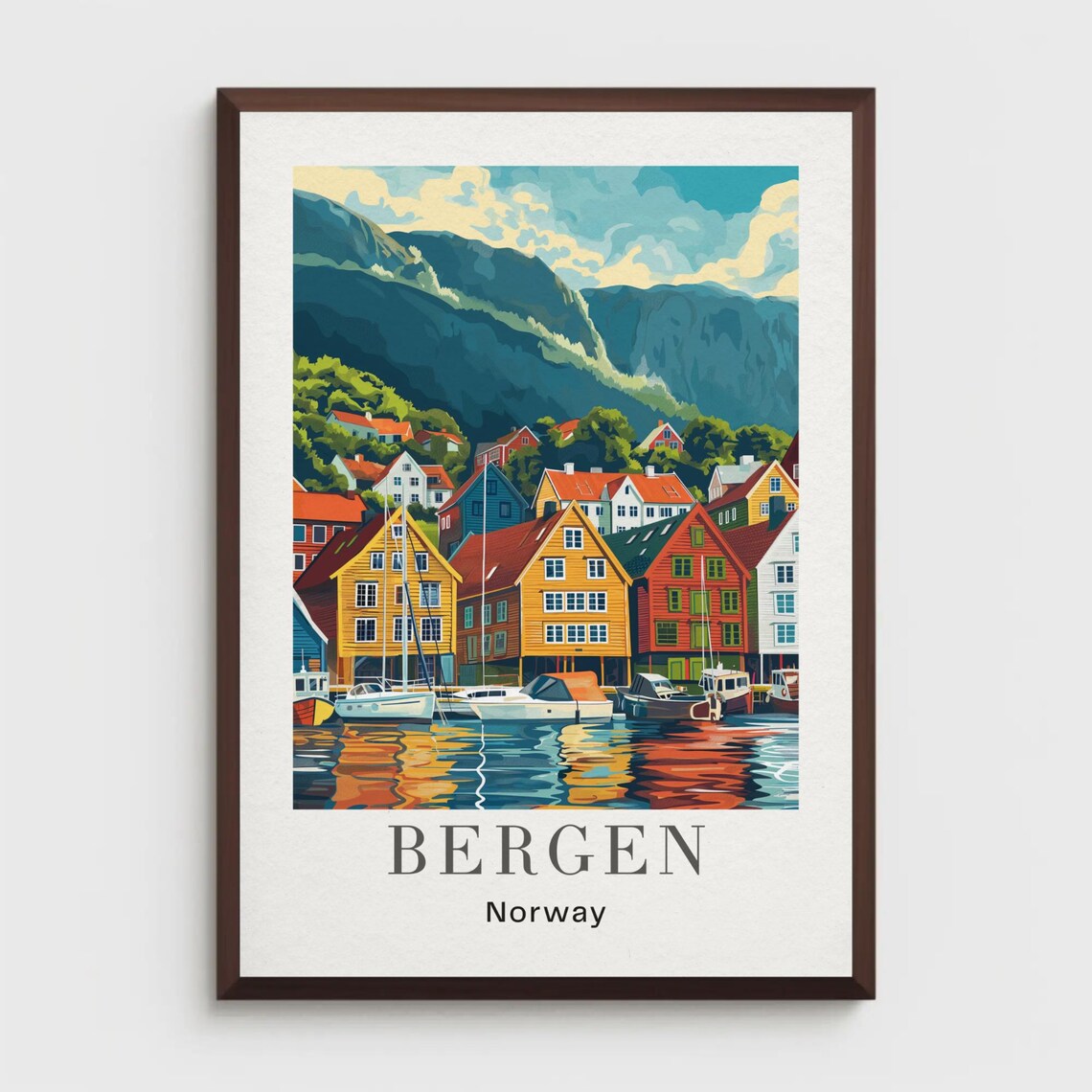 Bergen Norway Travel Poster Bryggen Harbor Retro Fjord City View