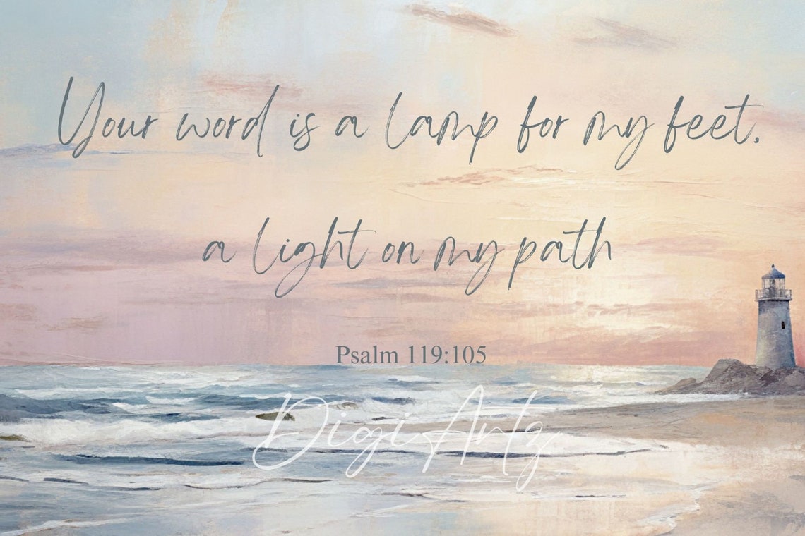 Psalm 119 Lamp For My Feet Verse Over A Beach Lighthouse Poster - Image 6