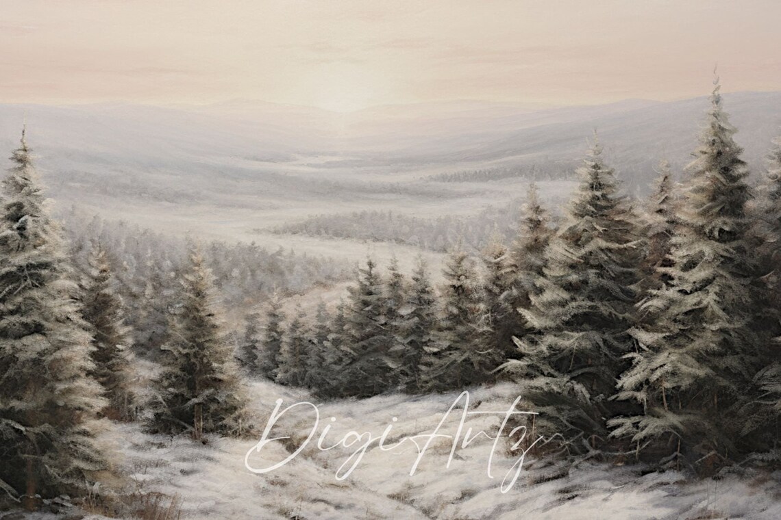 Snow Covered Pines Over Winter Valley Sunrise Landscape Poster - Image 6