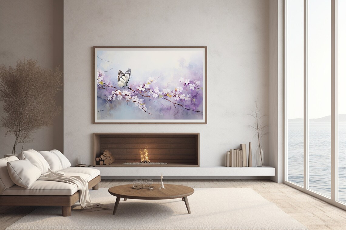 Butterfly on Cherry Blossom Branch Lavender Spring Oil Painting Poster - Image 3