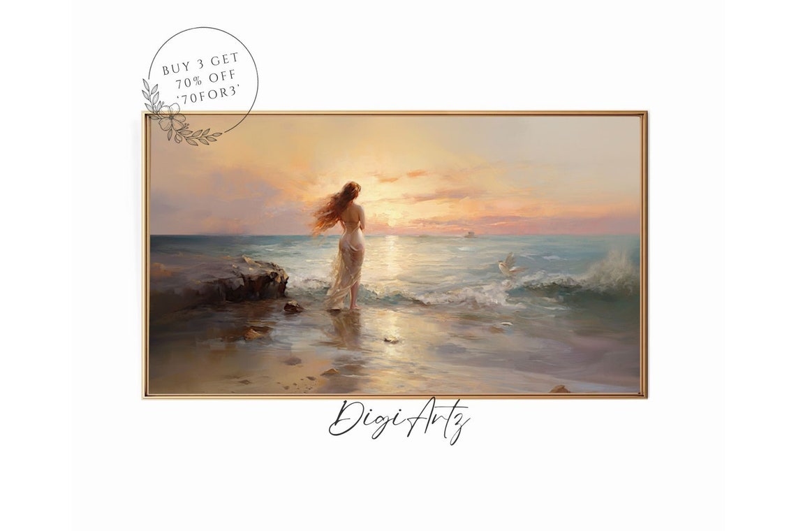 Woman In White Dress Sunset Beach Romantic Seaside Oil Painting Poster