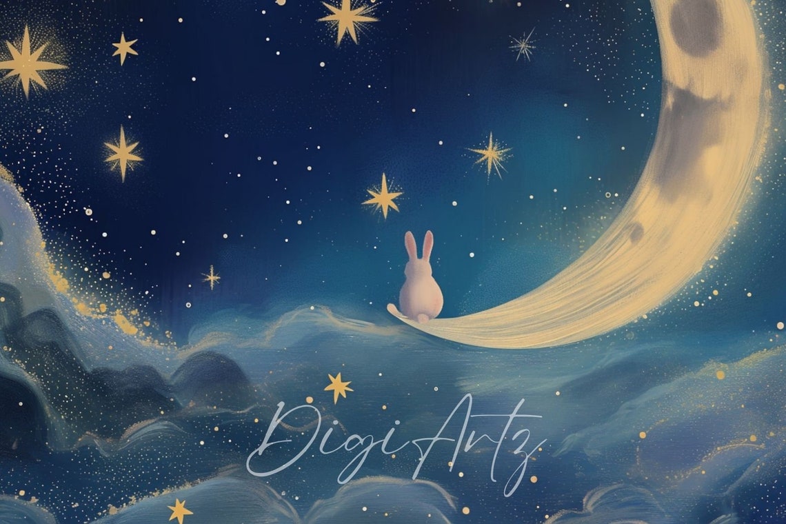 Bunny On Crescent Moon Starry Night Clouds Whimsical Painting Poster - Image 6