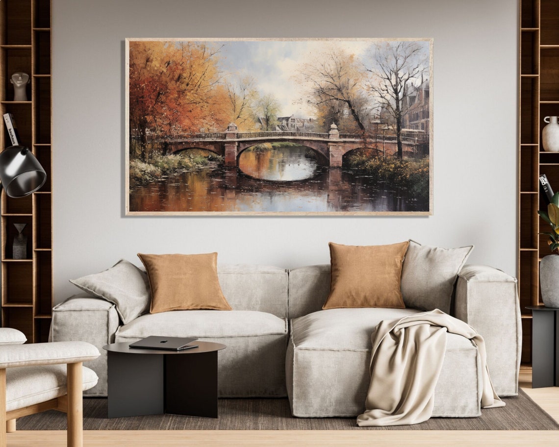 Autumn Stone Bridge Over River Orange Trees Vintage Landscape Poster - Image 4