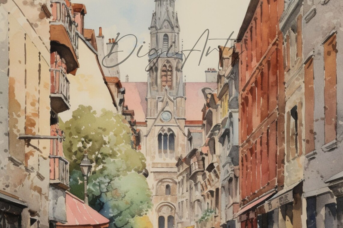 European Street Church Spire Cobblestone Watercolor Travel Poster - Image 4