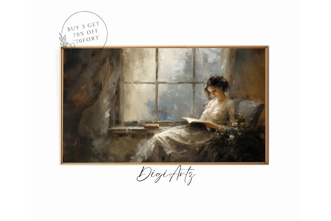 Woman Reading by Bright Window Moody Vintage Oil Painting Poster