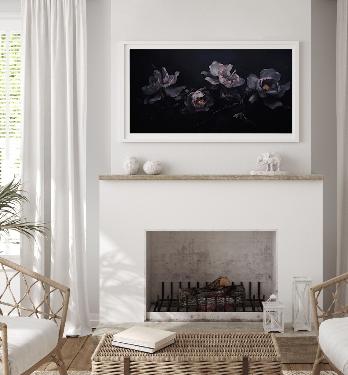 Moody Dark Floral Still Life With Dusky Peonies On Black Poster - Image 3