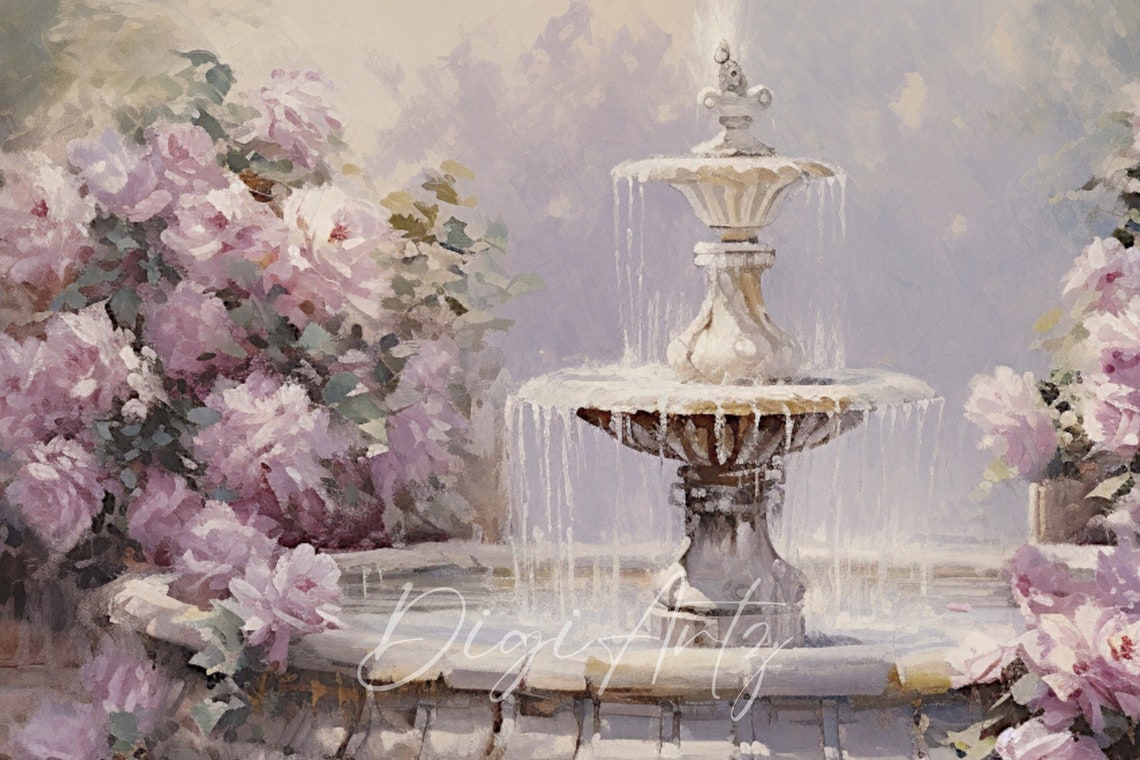 Garden Fountain Pink Blossoms Vintage Courtyard Oil Painting Poster - Image 6