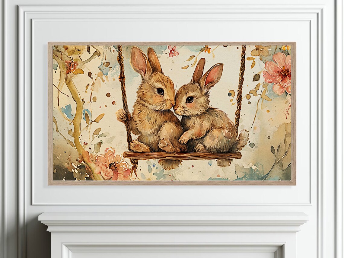 Two Baby Bunnies Cuddling on Swing Watercolor Rabbit Art Poster - Image 4