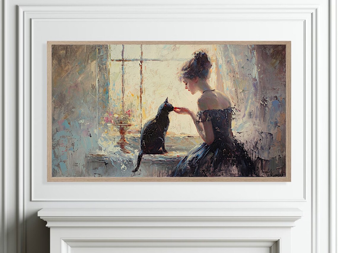 Woman With Black Cat By Window Impressionist Portrait Painting Poster - Image 4