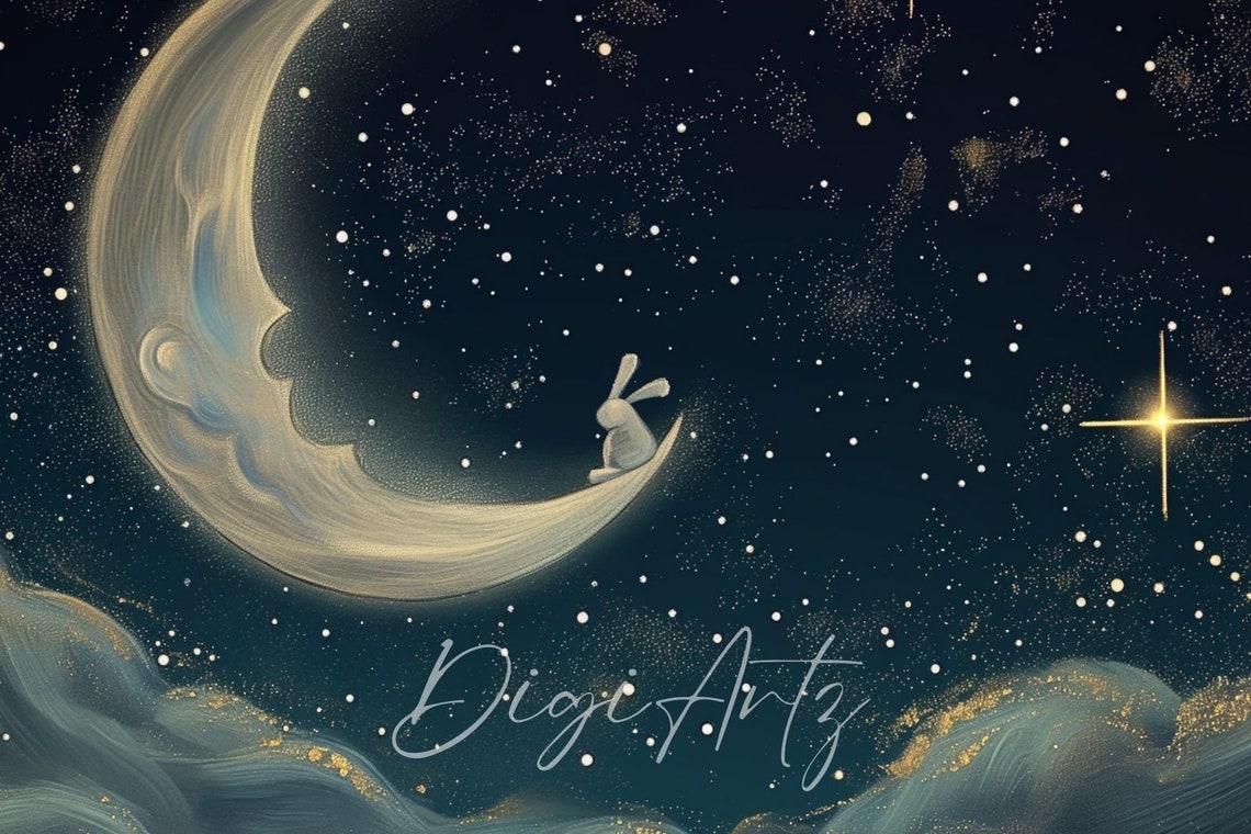 Bunny On The Crescent Moon Starry Night Nursery Painting Poster - Image 6