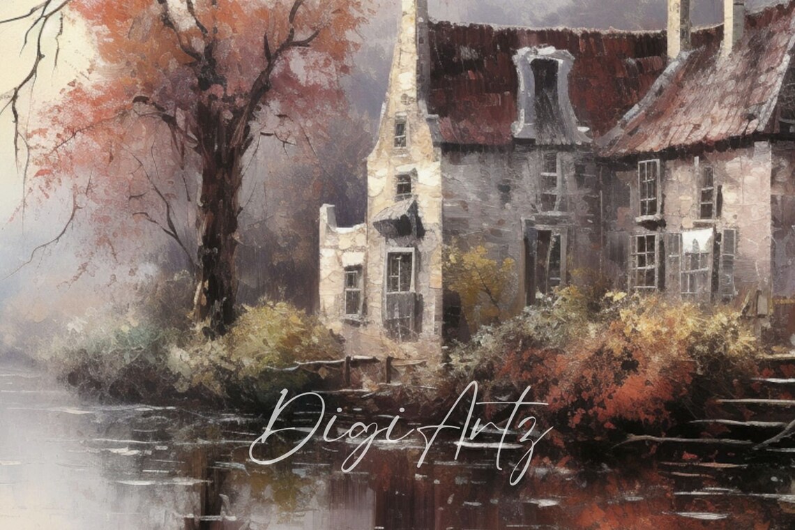 Autumn Countryside Riverside Old House Red Leaves Oil Painting Poster - Image 6
