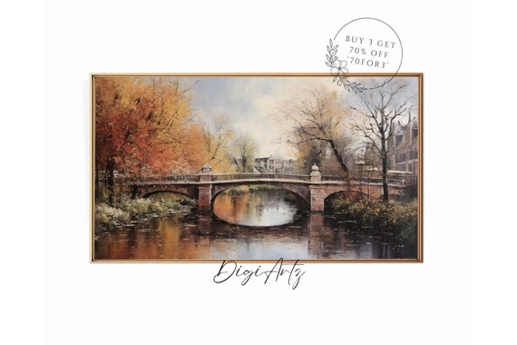 Autumn Stone Bridge Over River Orange Trees Vintage Landscape Poster